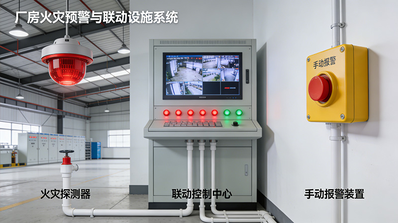 廠房火災預警與聯動設施示意圖